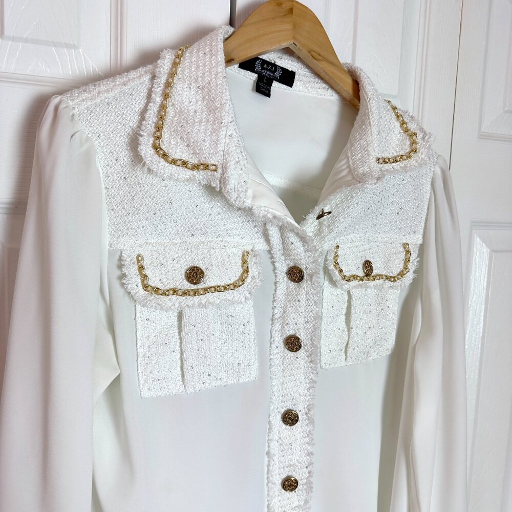 Vintage Couture Style Tweed Silk Chain Gold Button Blouse